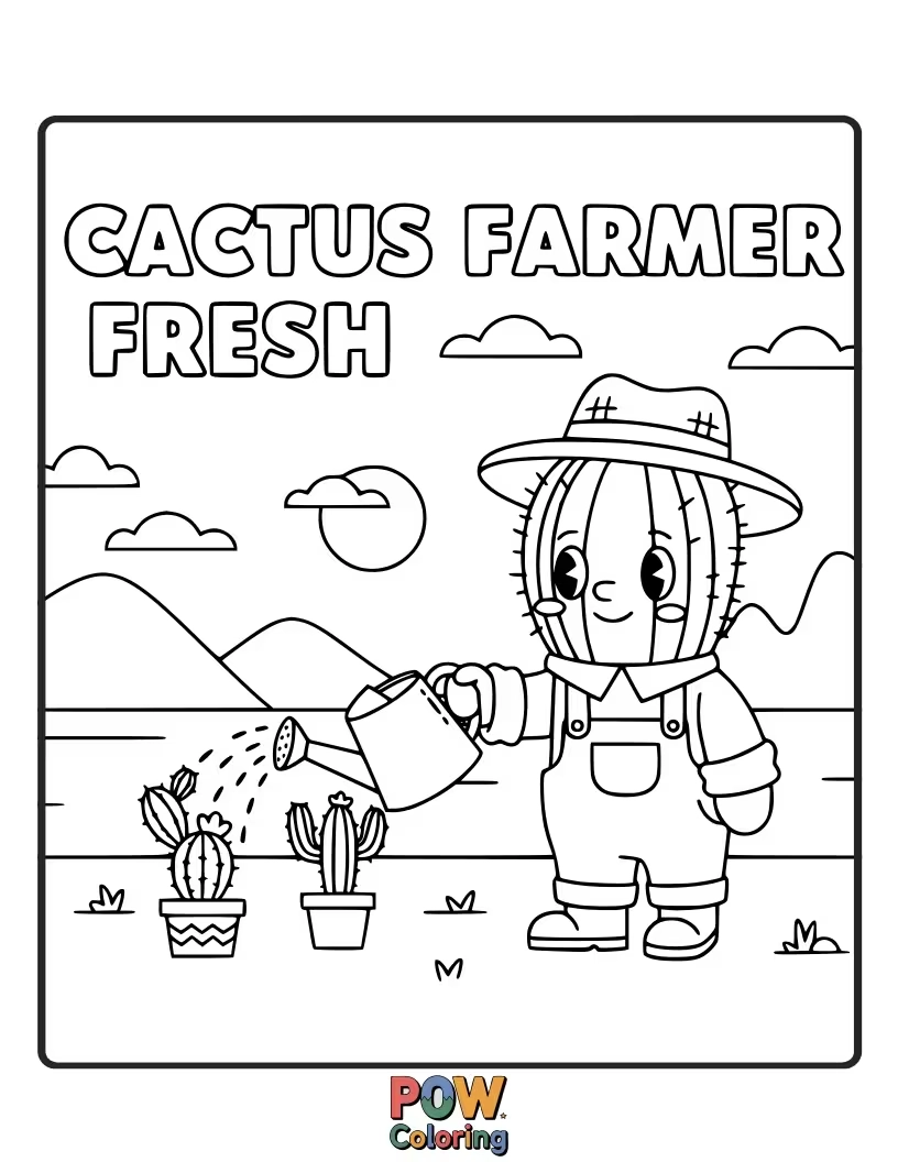 Free coloring page of A hardworking cactus farmer, harvesting a bounty of delicious desert fruits.
