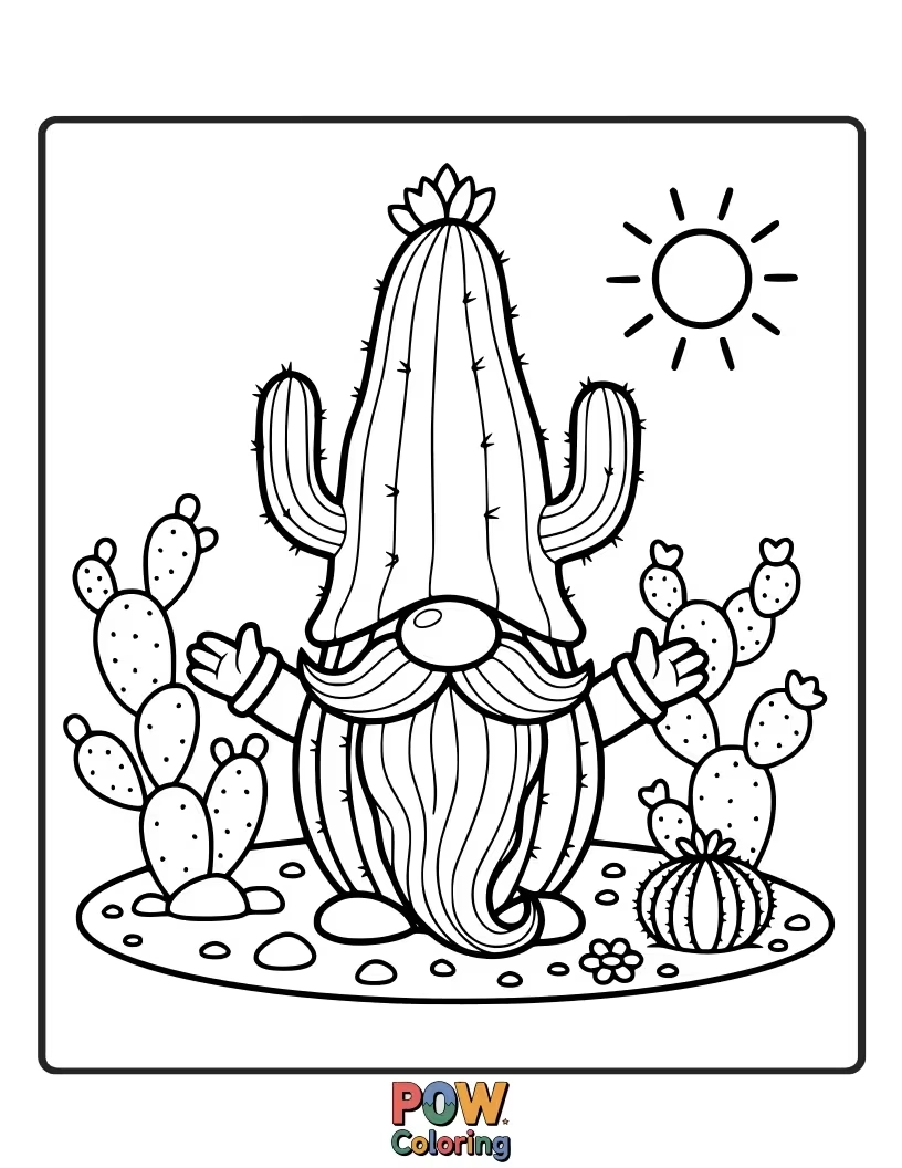 Free coloring page of A tiny, mischievous cactus dressed as a garden gnome, guarding a secret patch.
