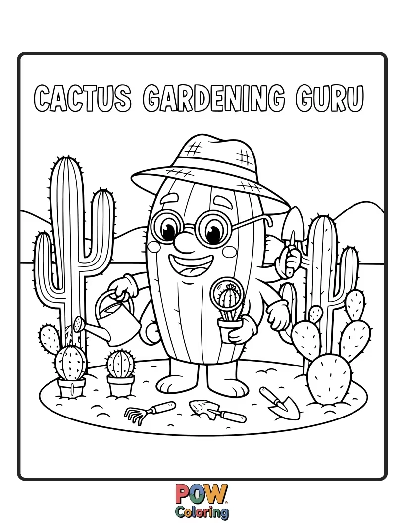 Free coloring page of A wise cactus tending to a garden of tiny desert flowers, with a trowel.