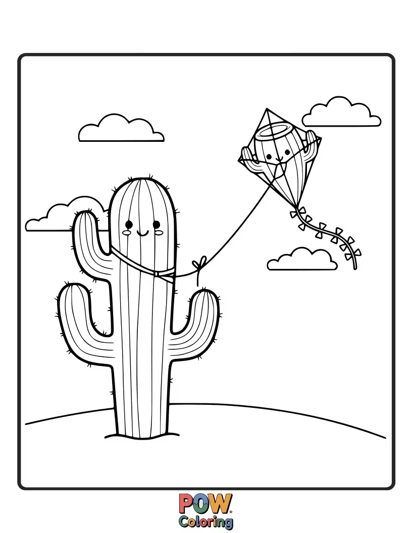 Free coloring page of A cheerful cactus enthusiastically flying a colorful kite high in the blue sky.