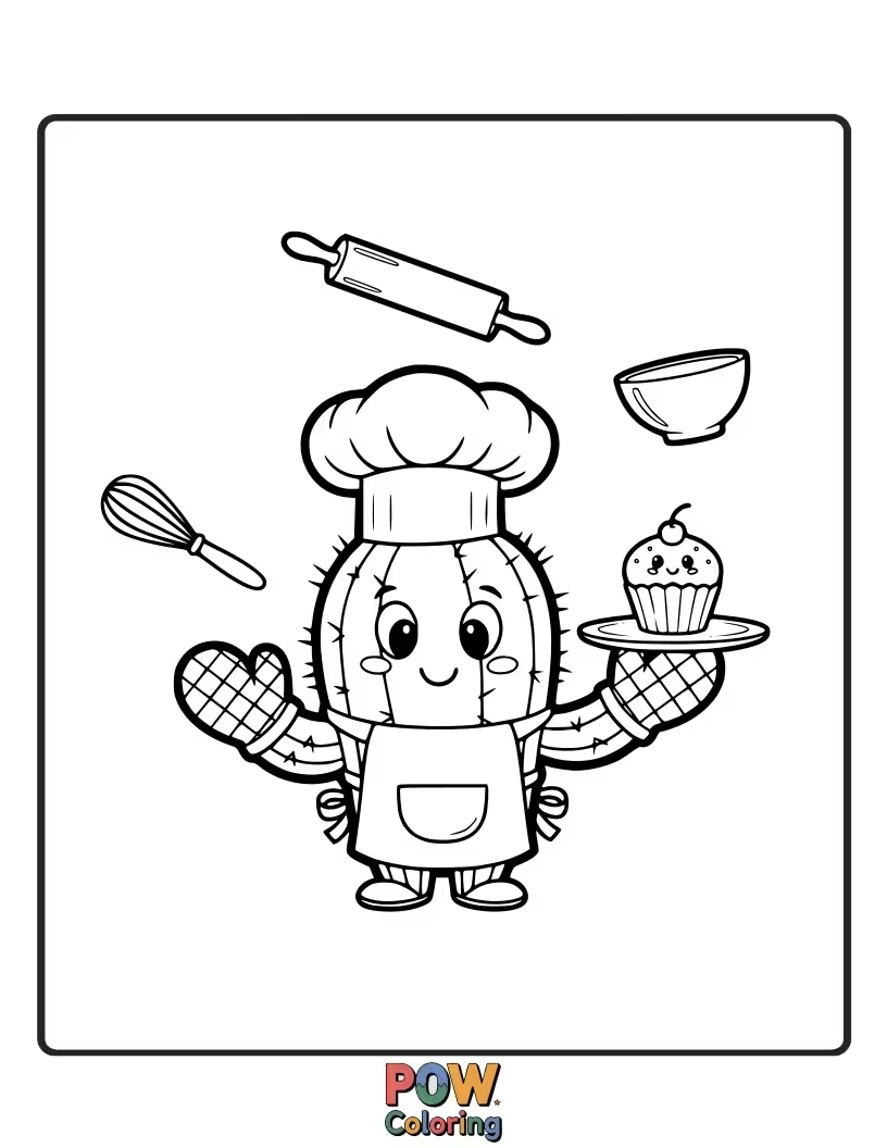 Free coloring page of A tiny, adorable cactus in an apron, attempting to bake a cute dessert.