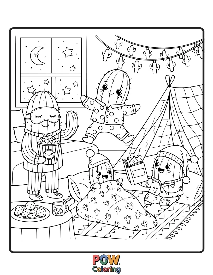 Free coloring page of Cuddly cacti in adorable pajamas, gathered for a cozy and fun slumber party.