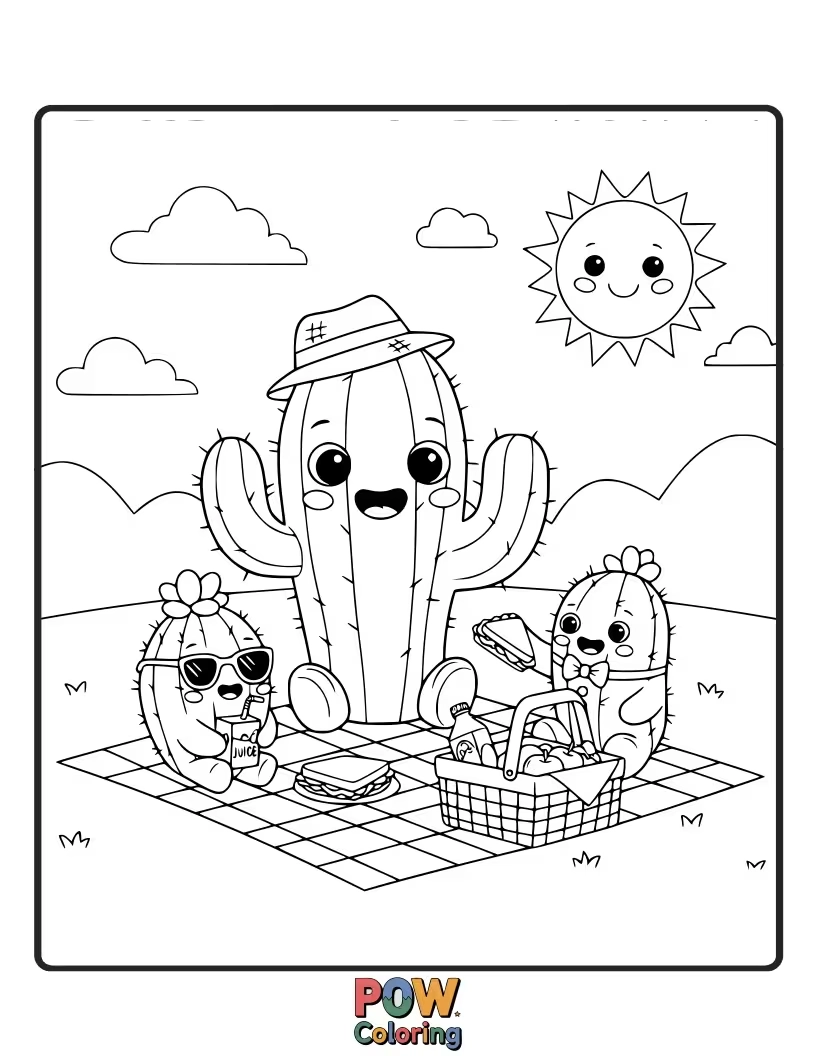 Free coloring page of A happy cactus enjoying a delightful picnic spread with friends under a shady tree.