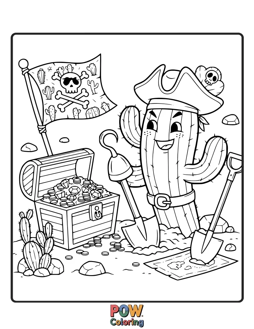 Free coloring page of A swashbuckling cactus pirate with an eyepatch, searching for buried treasure.
