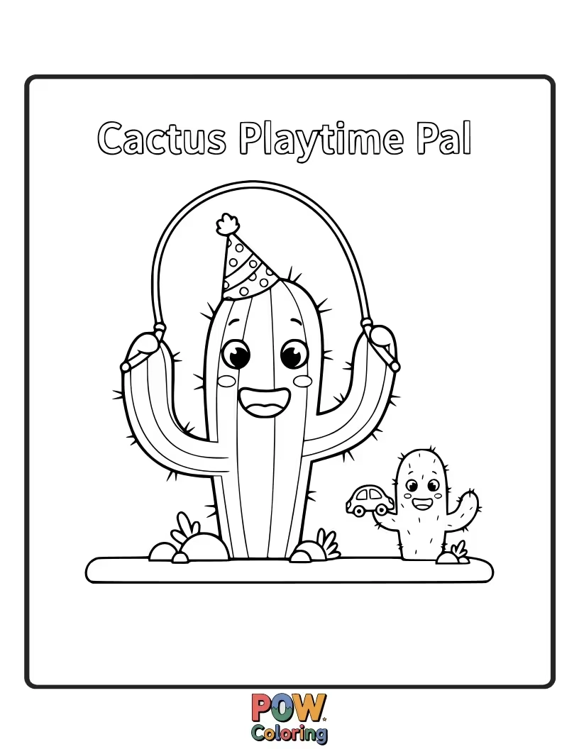 Free coloring page of A cheerful cactus playing with his pal and doing skipping