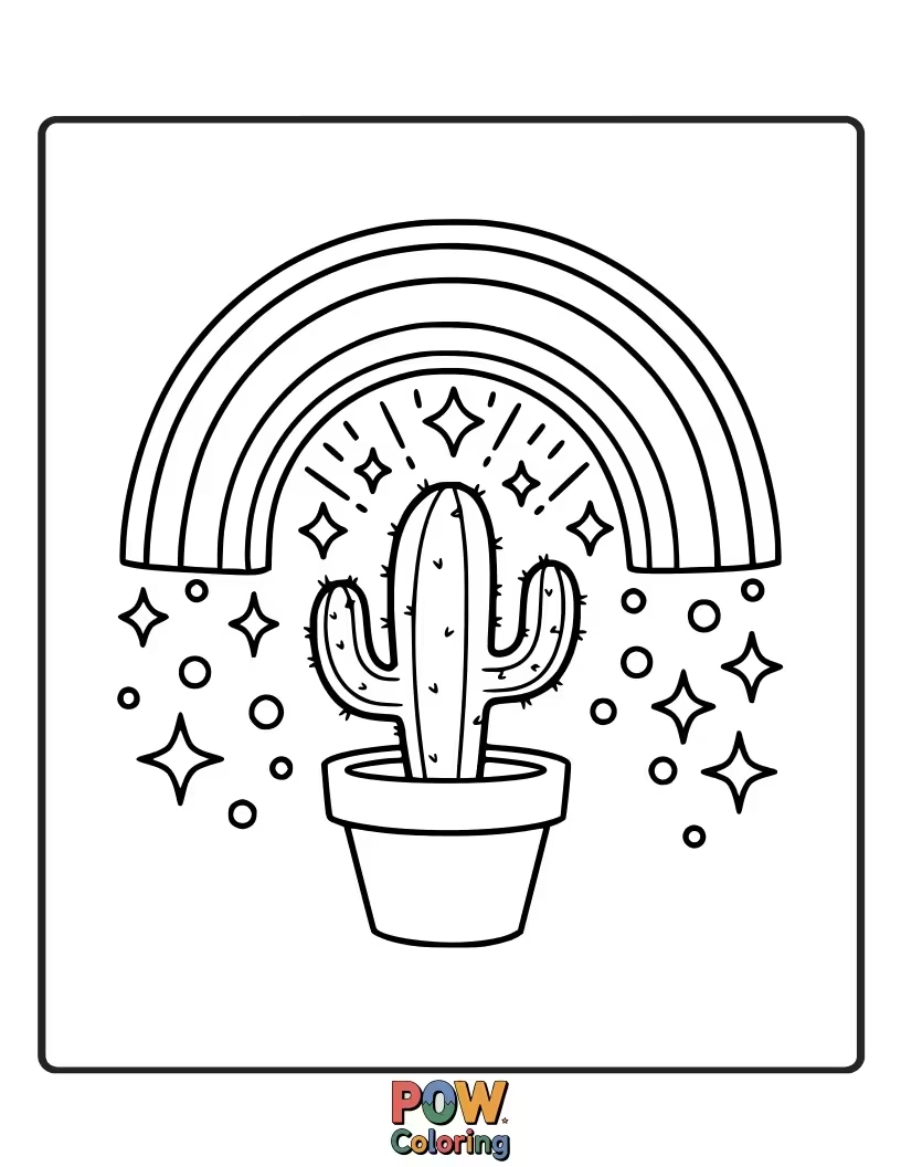 Free coloring page of A magical cactus showering rainbow sparkles, bringing joy and color to the desert.