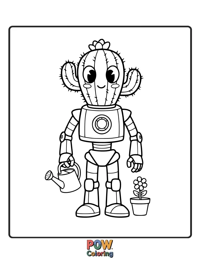 Free coloring page of A cool, futuristic cactus robot, ready for exciting adventures and helpful tasks.