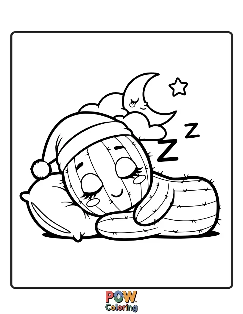 Free coloring page of A gentle cactus softly sleeping, nestled amongst fluffy clouds and crescent moons.