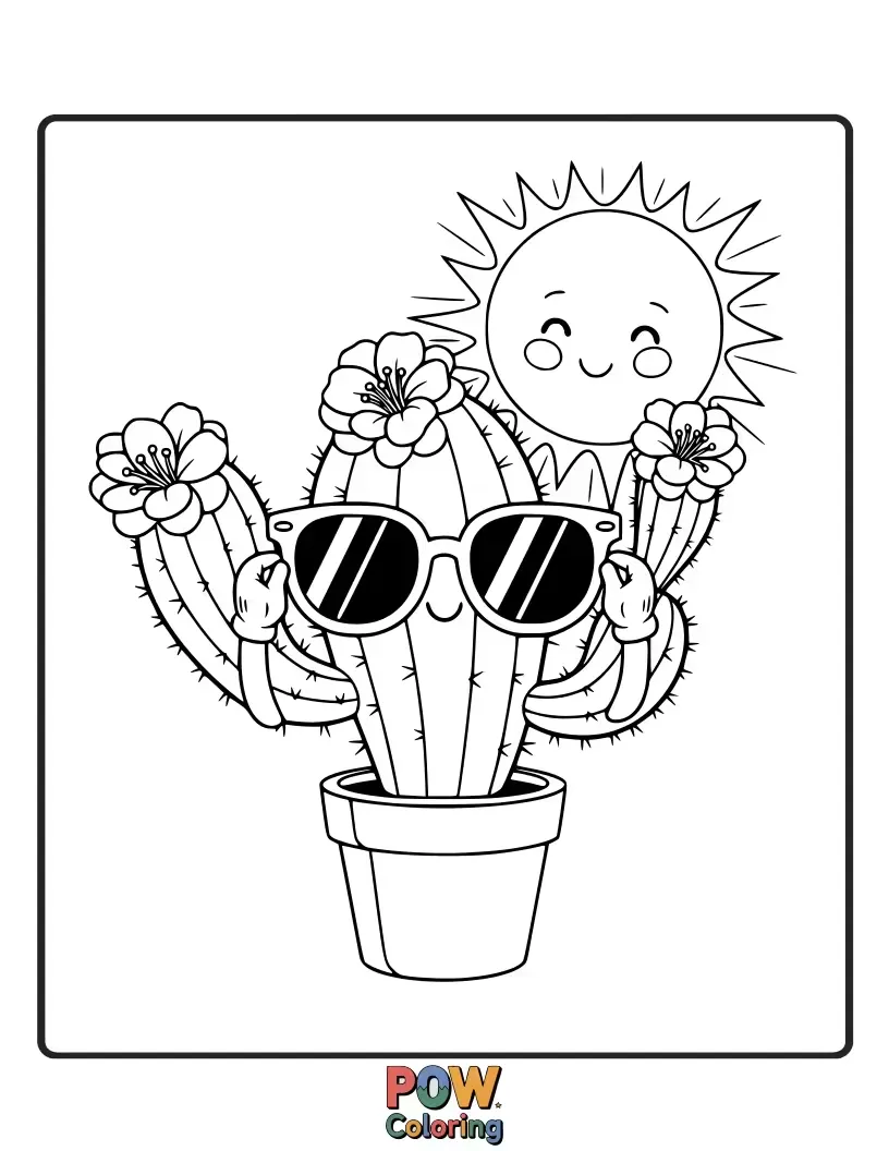 Free coloring page of A quirky cactus wearing cool sunglasses, ready to bloom in a desert wonderland.