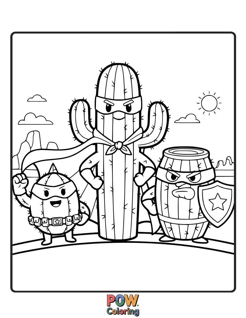 Free coloring page of A group of diverse cacti, each with unique powers, ready to save the desert.