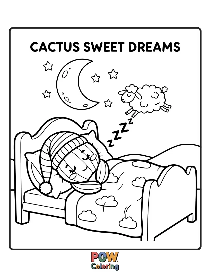 Free coloring page of A soft, sleepy cactus drifting off to sleep under a starry night sky.