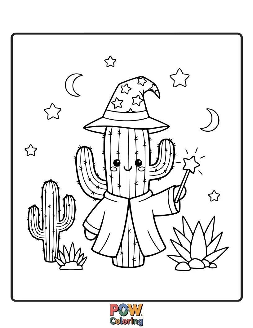 Free coloring page of A mystical cactus wizard, casting a spell with a glowing wand.
