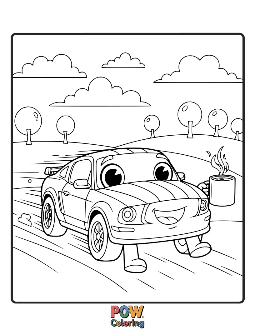 Free coloring page of A Mustang powered by a giant coffee cup, ready for an energetic morning drive.