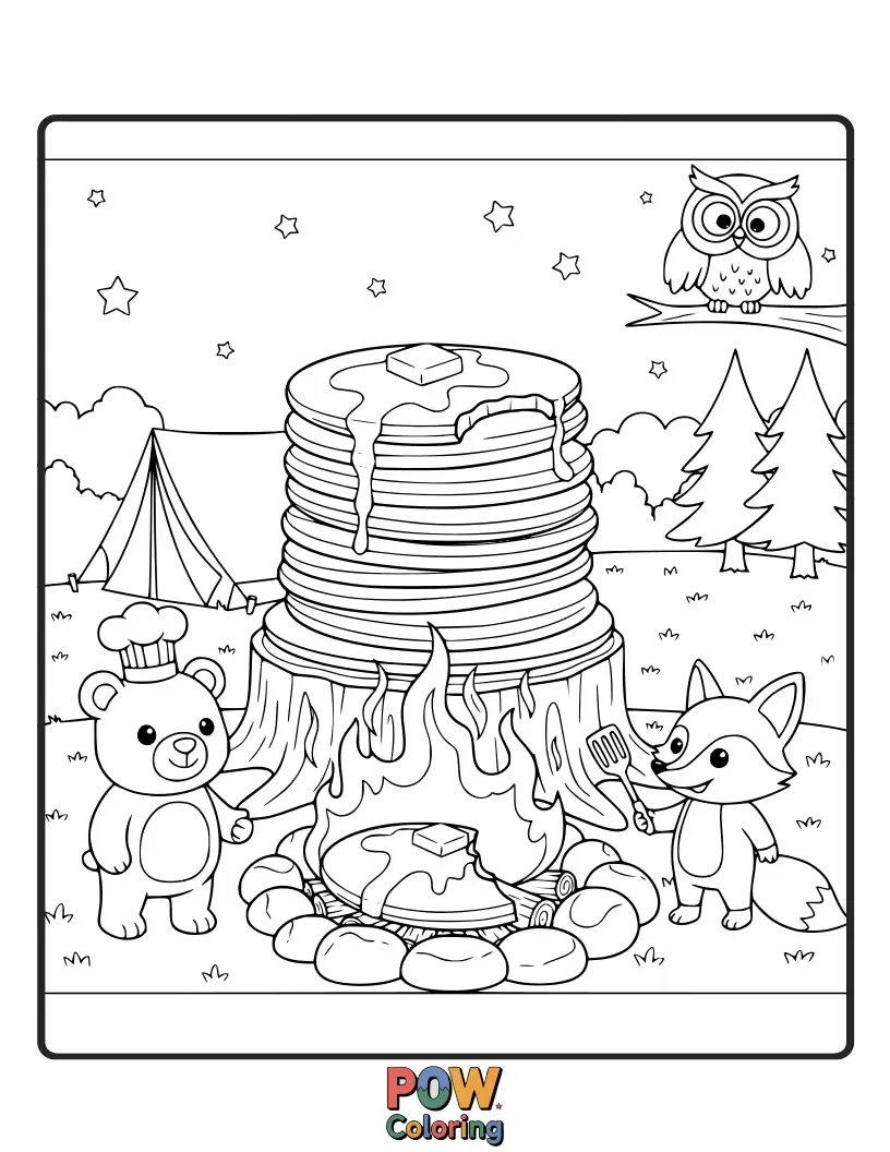 Free coloring page of Pancakes cooked over a campfire under the stars, with a friendly bear and raccoons joining the cozy meal.