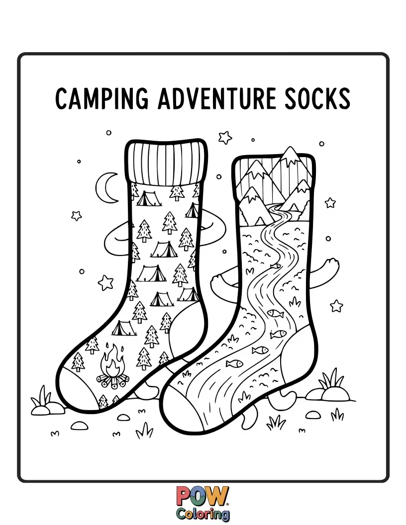 Free coloring page of S'mores and stars await! These socks feature cozy tents, campfires, and happy woodland critters.