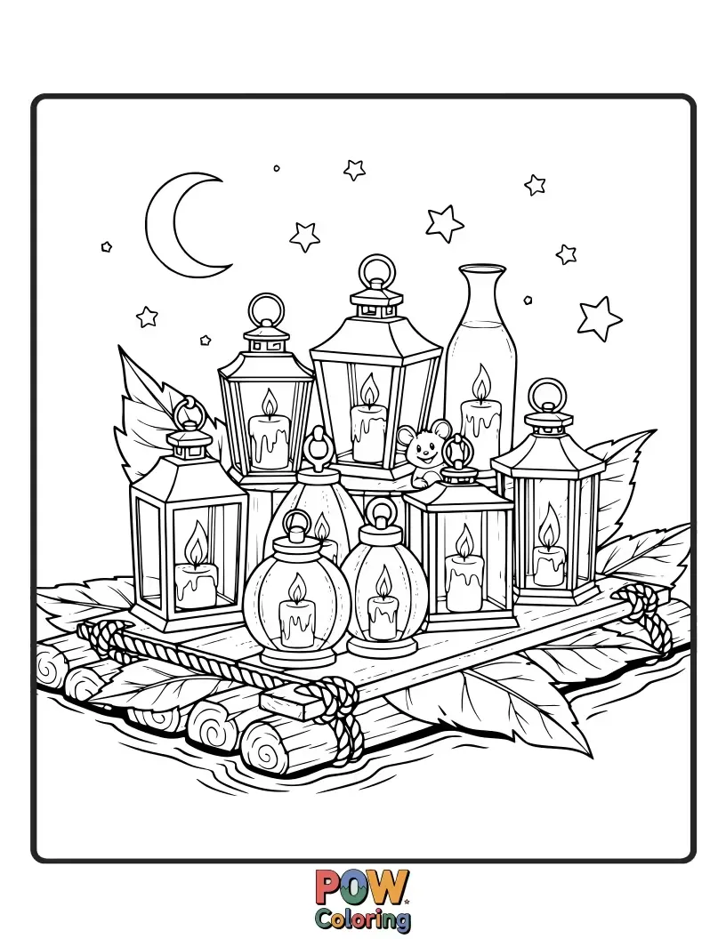 Free coloring page of A simple yet enchanting raft built around a glowing candle lantern, providing a warm, guiding light on a dark sea.