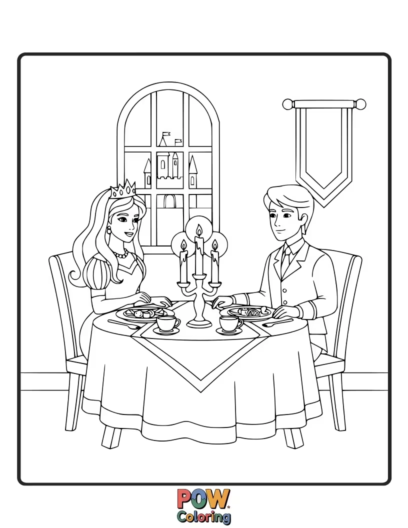 Free coloring page of A sophisticated princess enjoying a quiet, candlelit dinner in a grand dining hall.