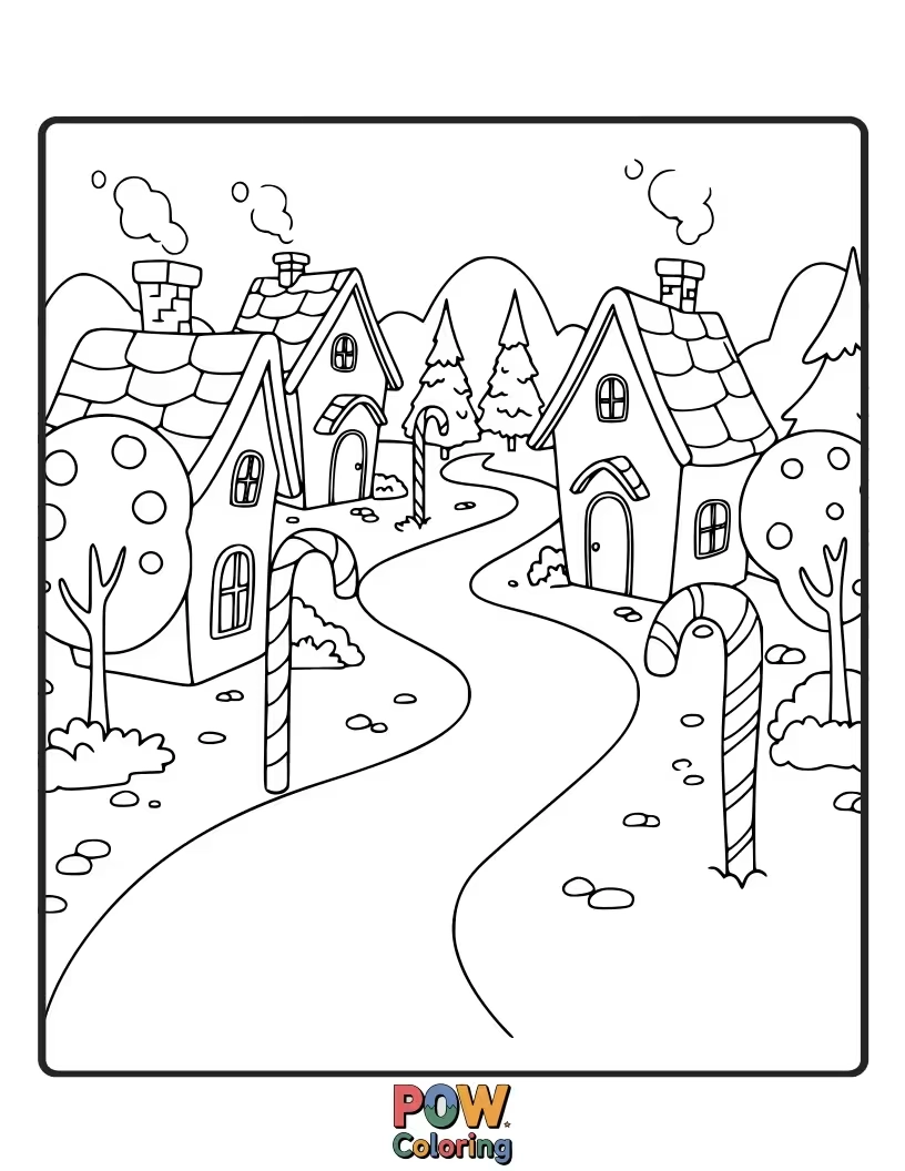 Free coloring page of A whimsical street lined with giant candy canes, festive lights, and cheerful houses. A sweet and colorful dreamscape.