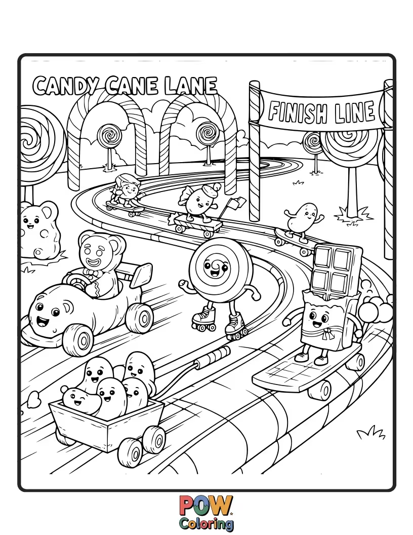 Free coloring page of Whimsical candy canes are curving and twisting, racing each other down a sugary, festive path.