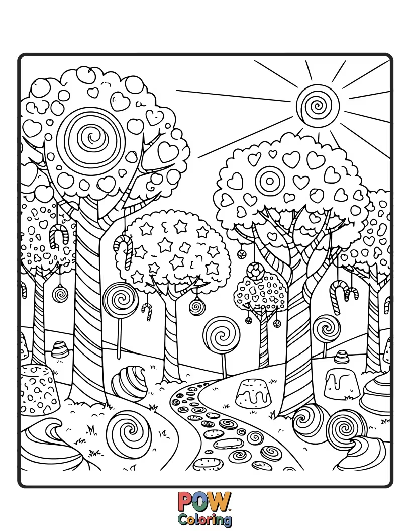 Free coloring page of Whimsical trees resembling festive candy canes, with striped trunks and swirly branches.