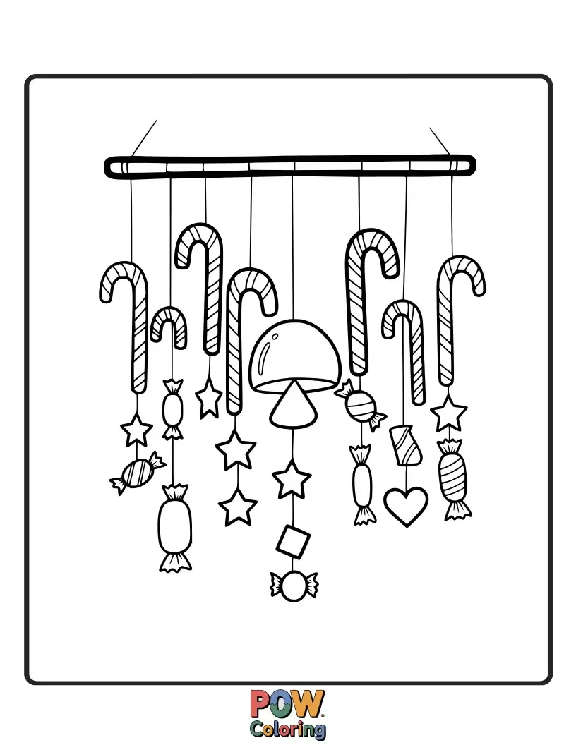 Free coloring page of Sweet wind chimes shaped like candy canes and lollipops, a sugary delight.