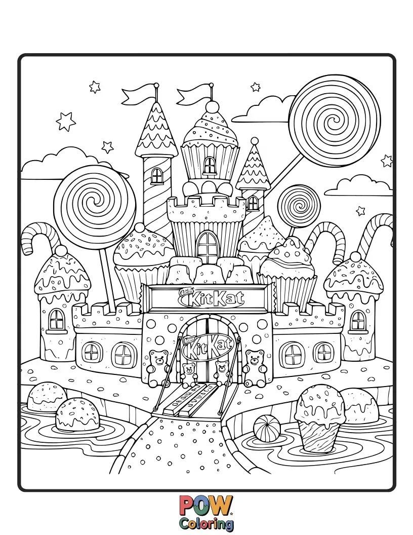 Free coloring page of A whimsical castle made entirely of colorful candies, with lollipop towers and gummy bear inhabitants.