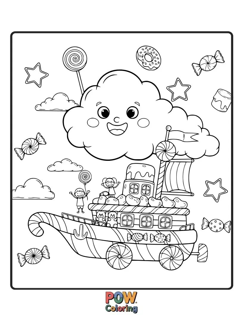 Free coloring page of A magical scene where candy clouds float through the sky, carrying smiling candy characters on a leisurely journey.
