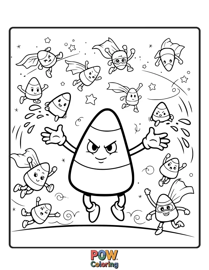 Free coloring page of Giant candy corns are bouncing around like popcorn, creating a sweet, sugary mess.