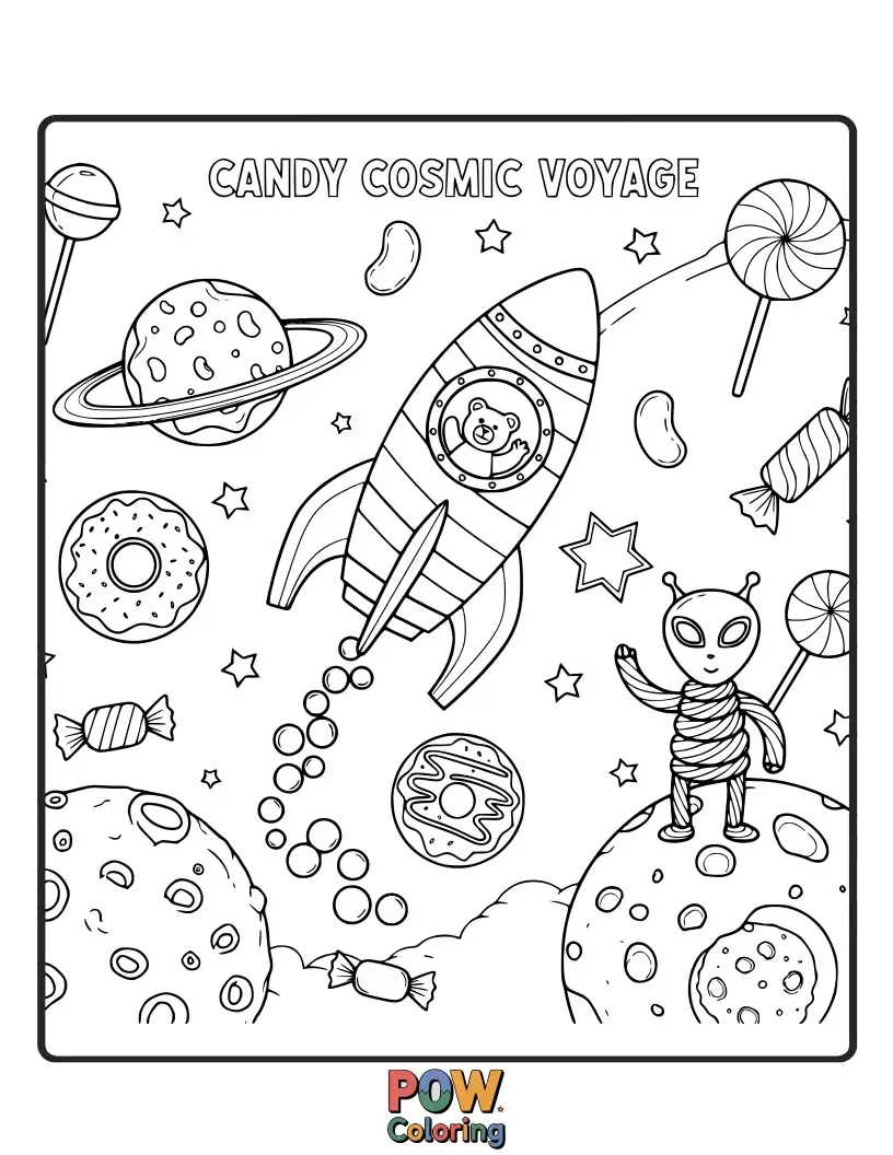 Free coloring page of Blast off on a sweet adventure with candy rockets soaring through a starry, candy-filled galaxy.