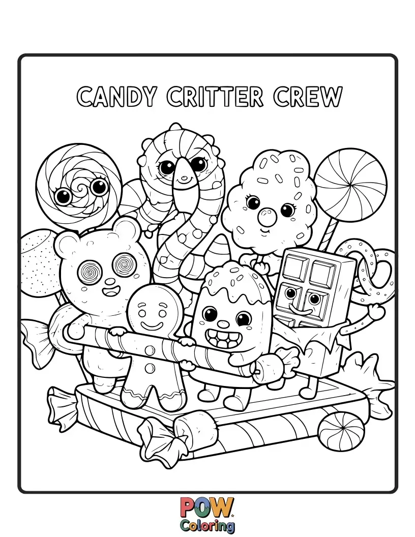 Free coloring page of Adorable animals like a bear, bunny, and cat, all made from delightful candies, ready for a sweet adventure.