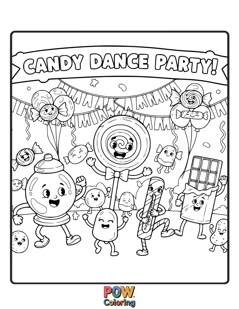 Free coloring page of A lively group of candy characters grooving and boogying to sweet tunes at a vibrant party.