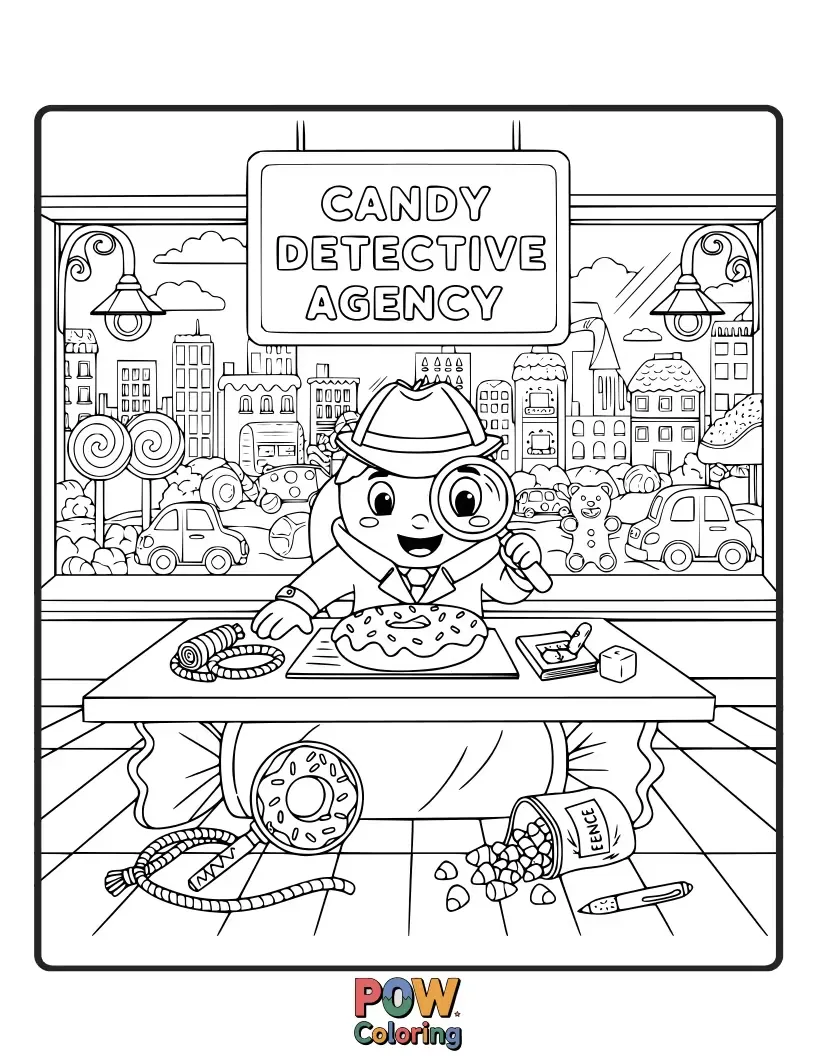 Free coloring page of Clever candy characters in detective gear, solving mysteries in a world filled with sugary clues.