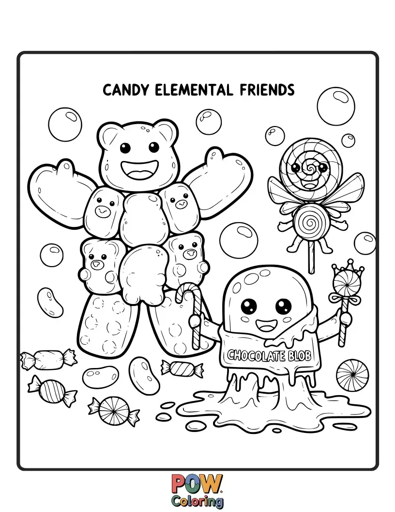 Free coloring page of Cute elemental characters representing flavors like sour, sweet, and fruity, all made from colorful candies.
