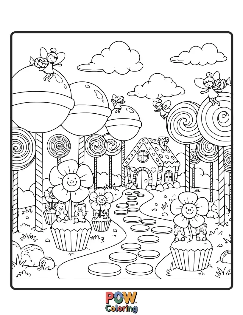 Free coloring page of A magical garden where tiny fairy folk tend to blooming lollipop flowers and gummy dewdrop ponds.