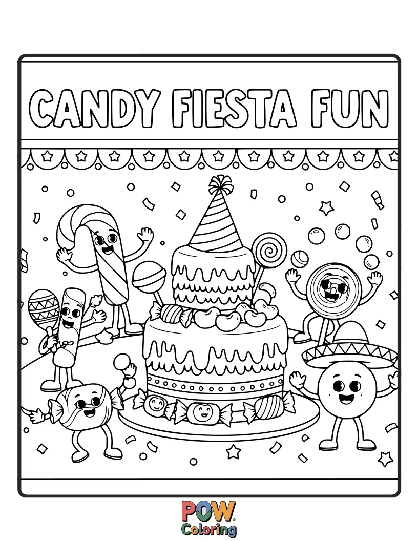 Free coloring page of A vibrant celebration filled with candy decorations, playful characters, and festive, sugary treats.