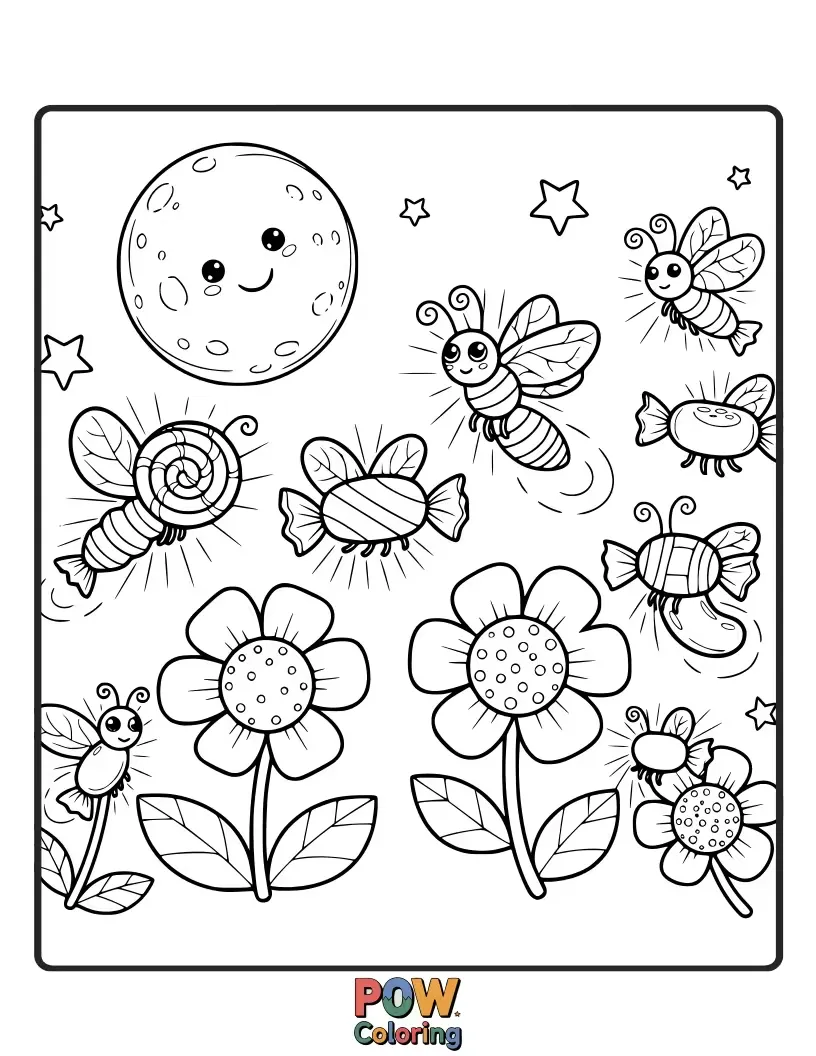 Free coloring page of A magical night scene where glowing candy fireflies illuminate a sweet forest with their gentle light.