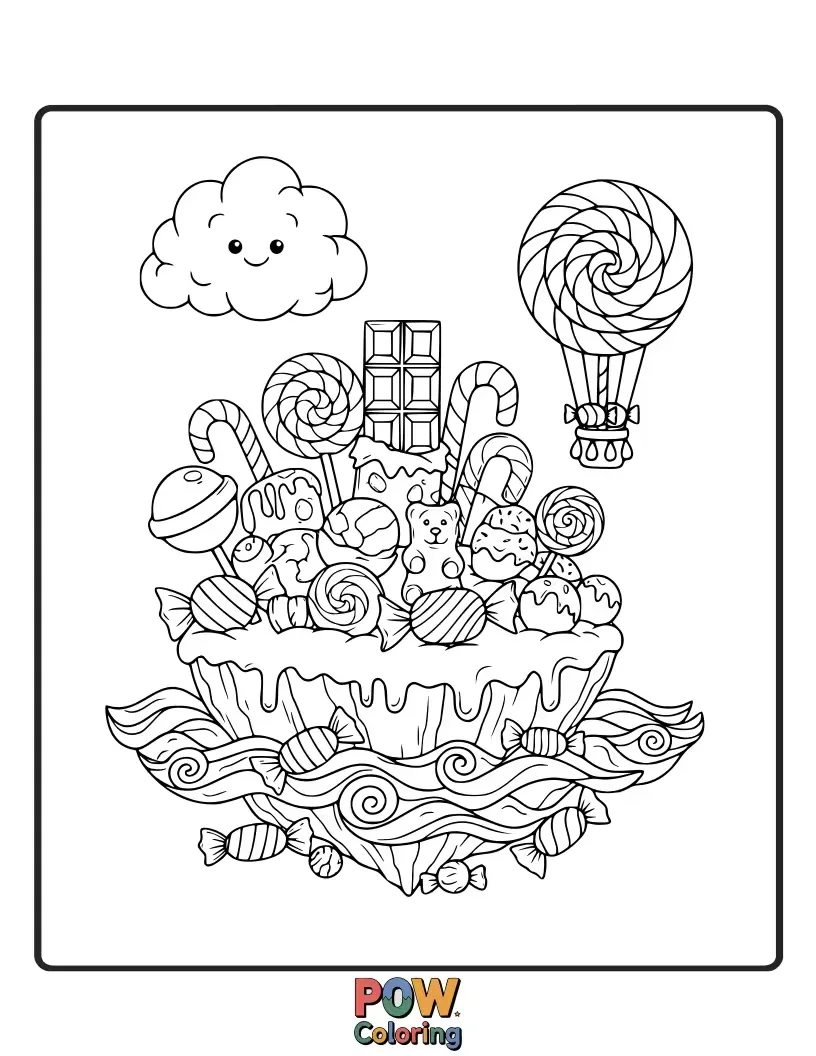 Free coloring page of A unique island paradise made of candy, floating serenely in a pastel sky with sweet clouds.