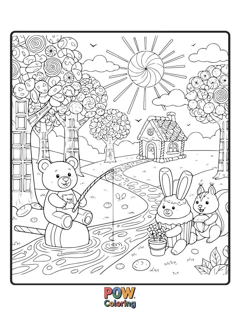 Free coloring page of Woodland creatures like squirrels and owls, reimagined as delightful candy creations, living in a sweet forest.