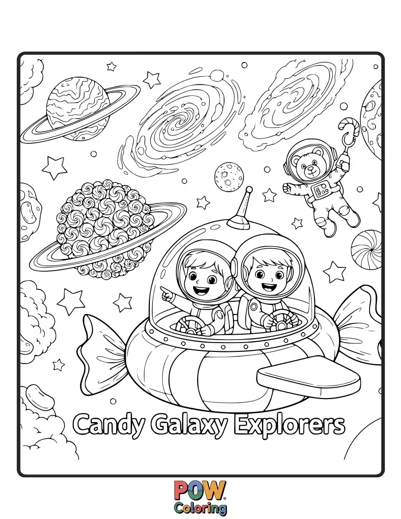 Free coloring page of Brave candy characters on a mission to explore a swirling galaxy made of colorful candies and stars.