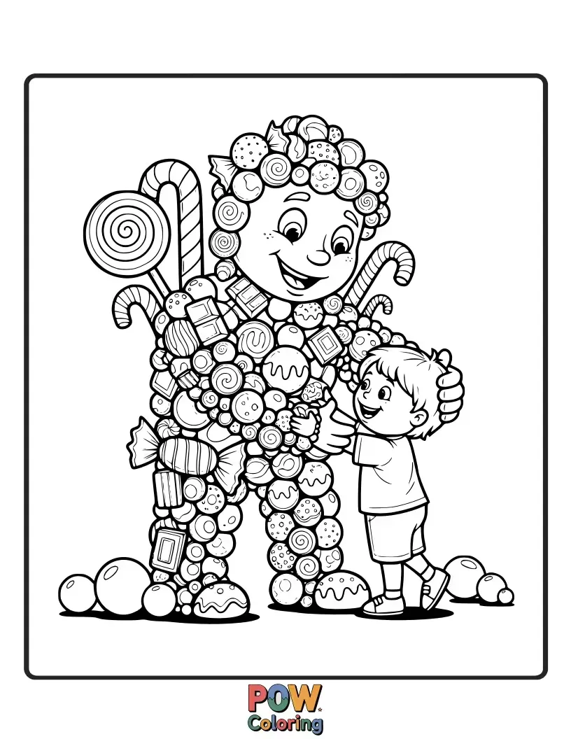 Free coloring page of A gentle giant made of soft candies, offering a warm and sweet hug to a tiny candy friend.