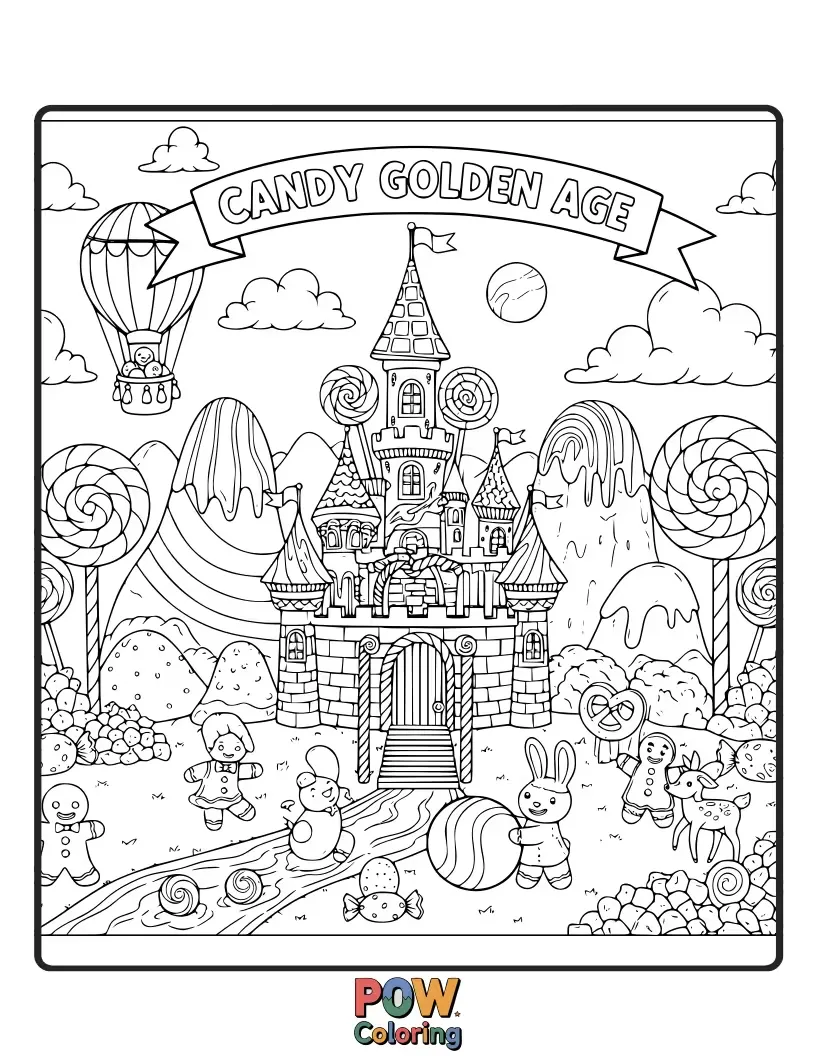 Free coloring page of A regal scene with candy royalty and a majestic castle built from shimmering, delicious sweets.