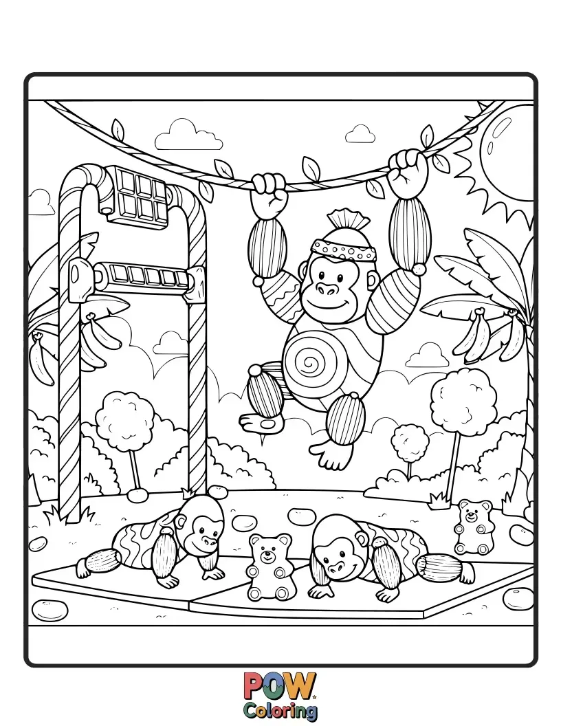 Free coloring page of A strong yet sweet gorilla made of candy, working out with lollipop weights and gummy dumbbell sets.