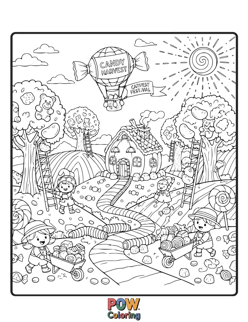 Free coloring page of A cheerful festival celebrating the bounty of candy crops, with happy characters gathering sweet treats.