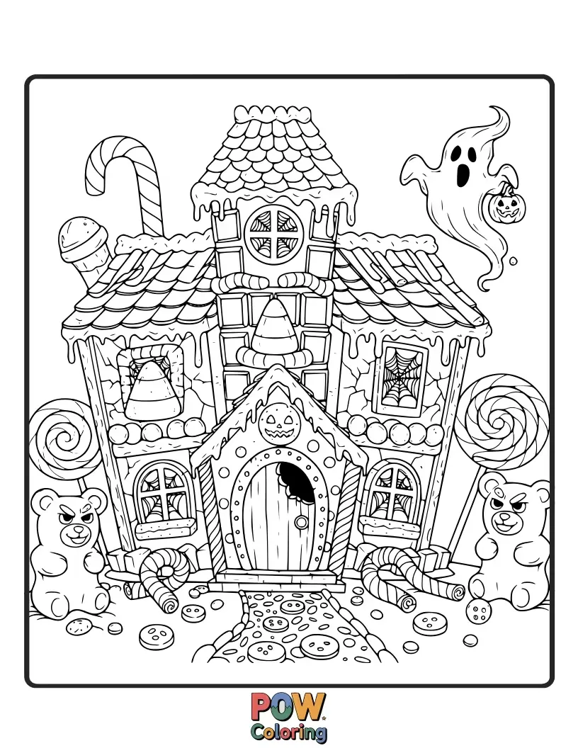 Free coloring page of A spooky but fun haunted house made of candy, with friendly ghost candies and candy cobwebs.
