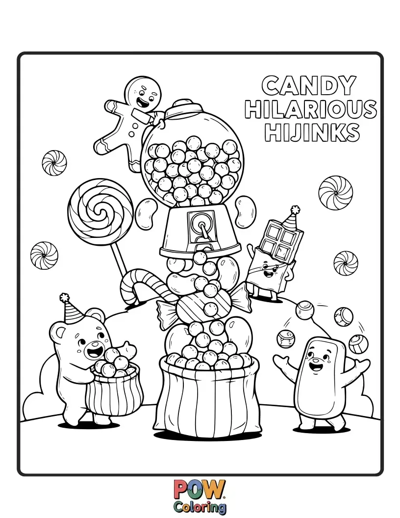 Free coloring page of A funny scene with candy characters getting into playful and silly situations with sweet consequences.