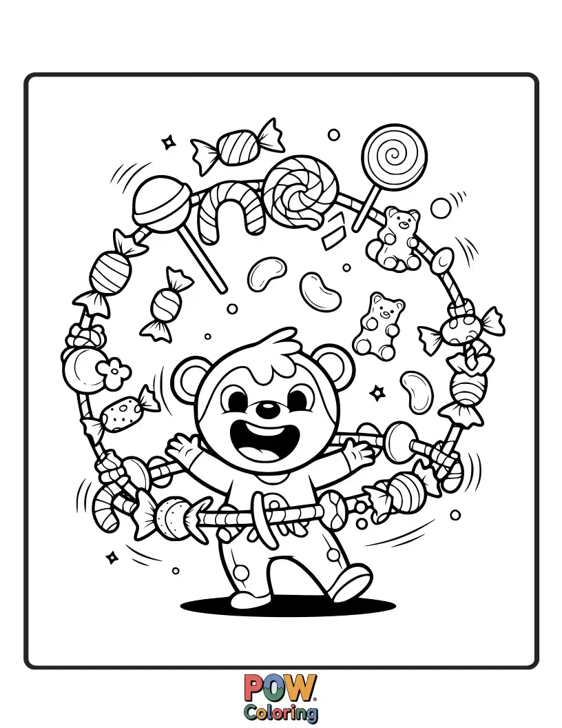 Free coloring page of Energetic candy characters having a blast while hula hooping with giant, colorful candy rings.