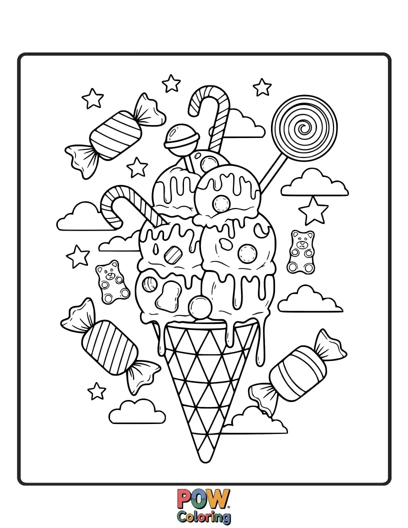 Free coloring page of A whimsical landscape where everything is made of delicious ice cream, from mountains to rivers.