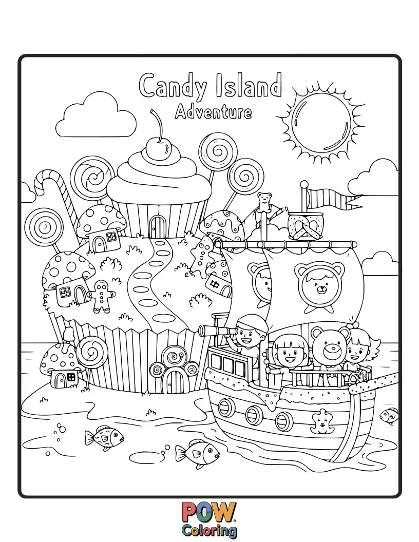 Free coloring page of Pirate candy characters searching for buried treasure on a tropical island made of sweet delights.