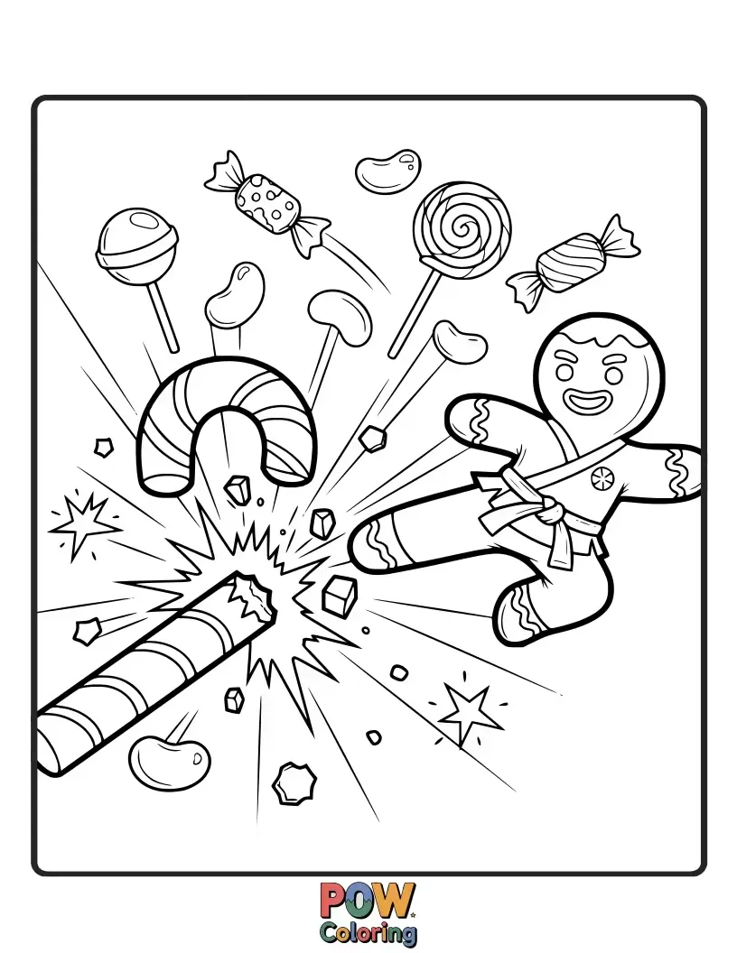 Free coloring page of Dynamic candy characters practicing their karate moves with sweet power and energetic poses.