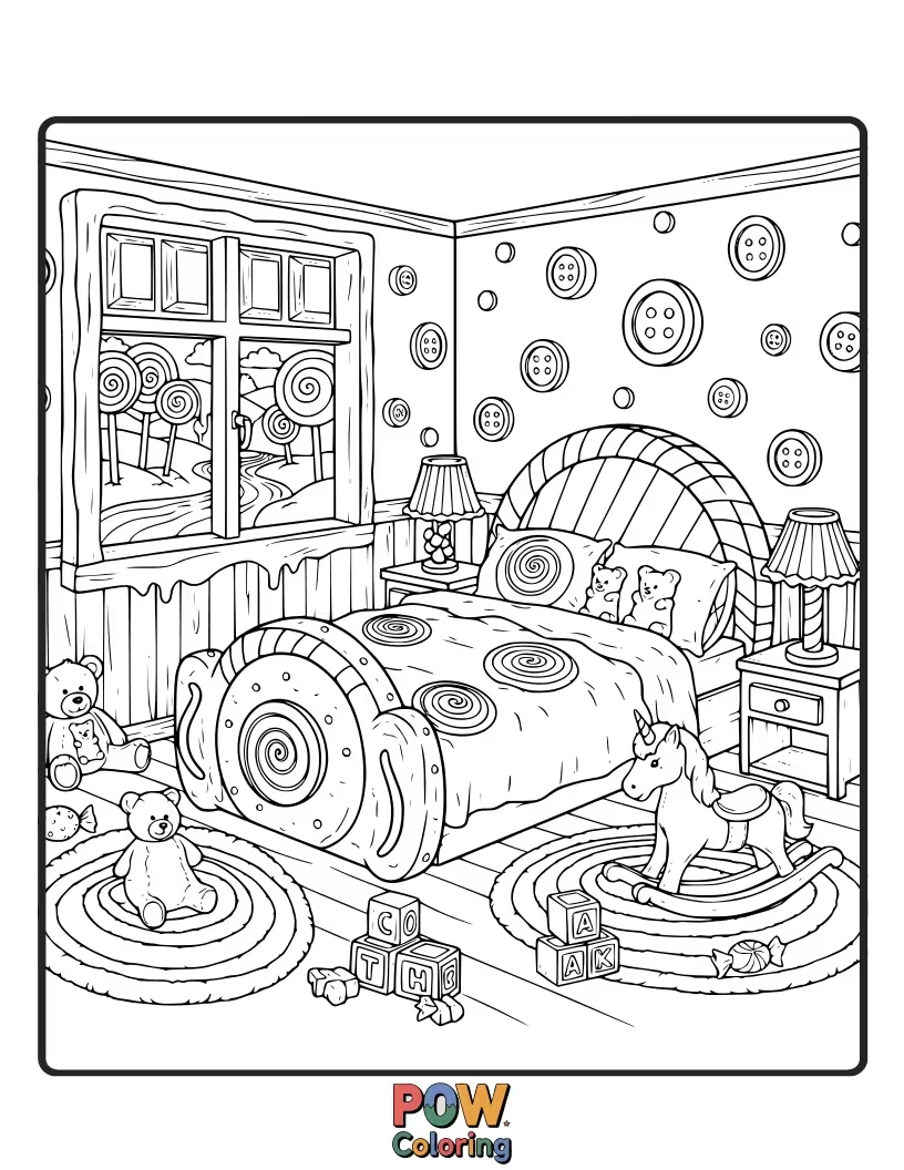 Free coloring page of Lollipop lamps, gingerbread furniture, and gummy bear accents make this a sweet and sugary dreamscape to color.